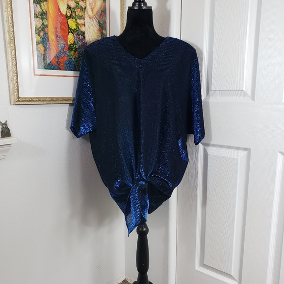 Vintage Black Blue Sparkle Tie Front Blouse sz L - Picture 2 of 8
